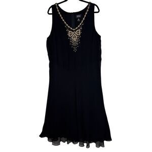 Vintage Papell Studio Dress Black Crinkle Silk With Wood & Bronze Beading Size1X